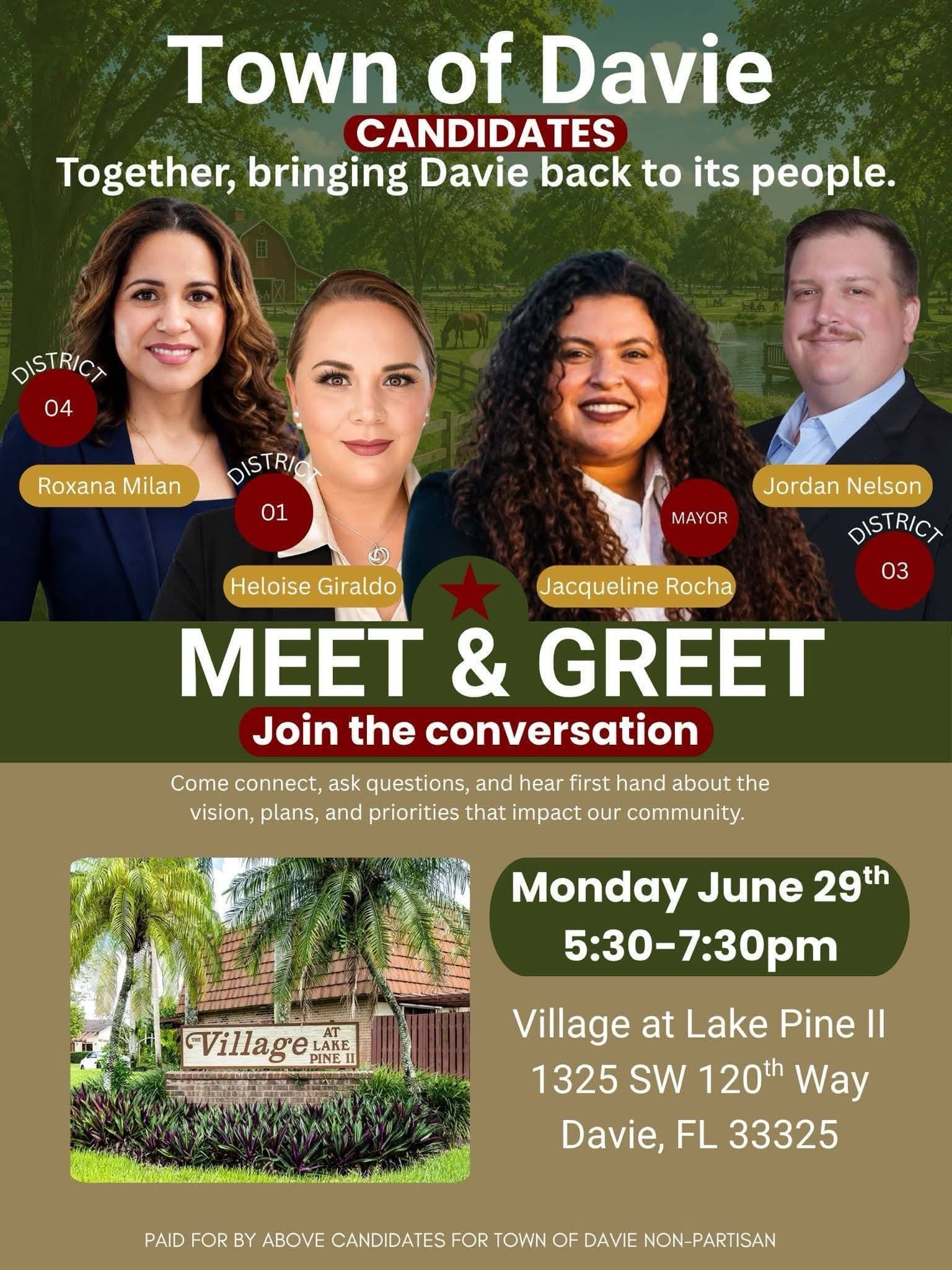 Town of Davie candidates Meet and Greet flyer, June 29